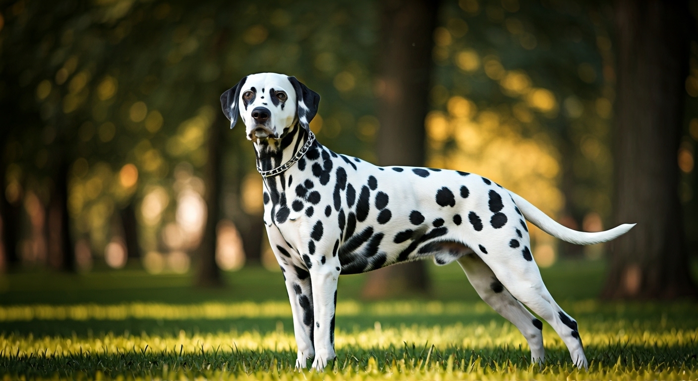 Un chien de race Dalmatien photographié en extérieur, robe soignée, tête tournée vers l’objectif