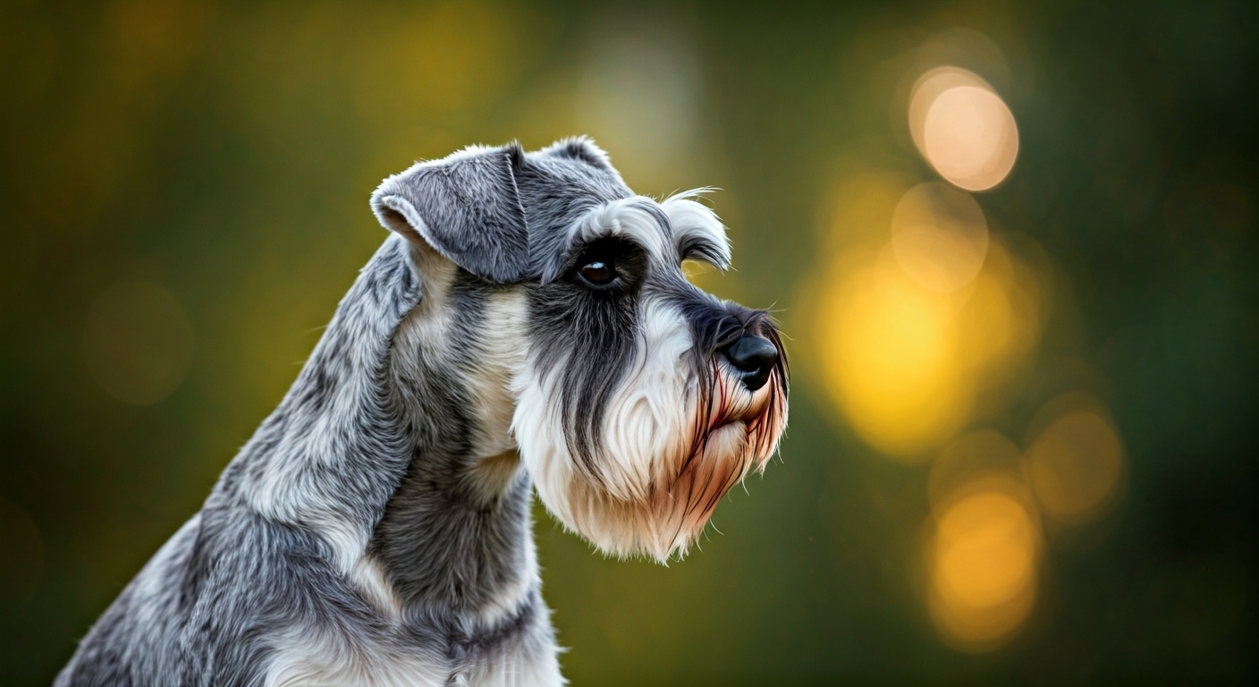 Un chien de race Schnauzer Miniature photographié en extérieur, robe soignée, tête tournée vers l’objectif