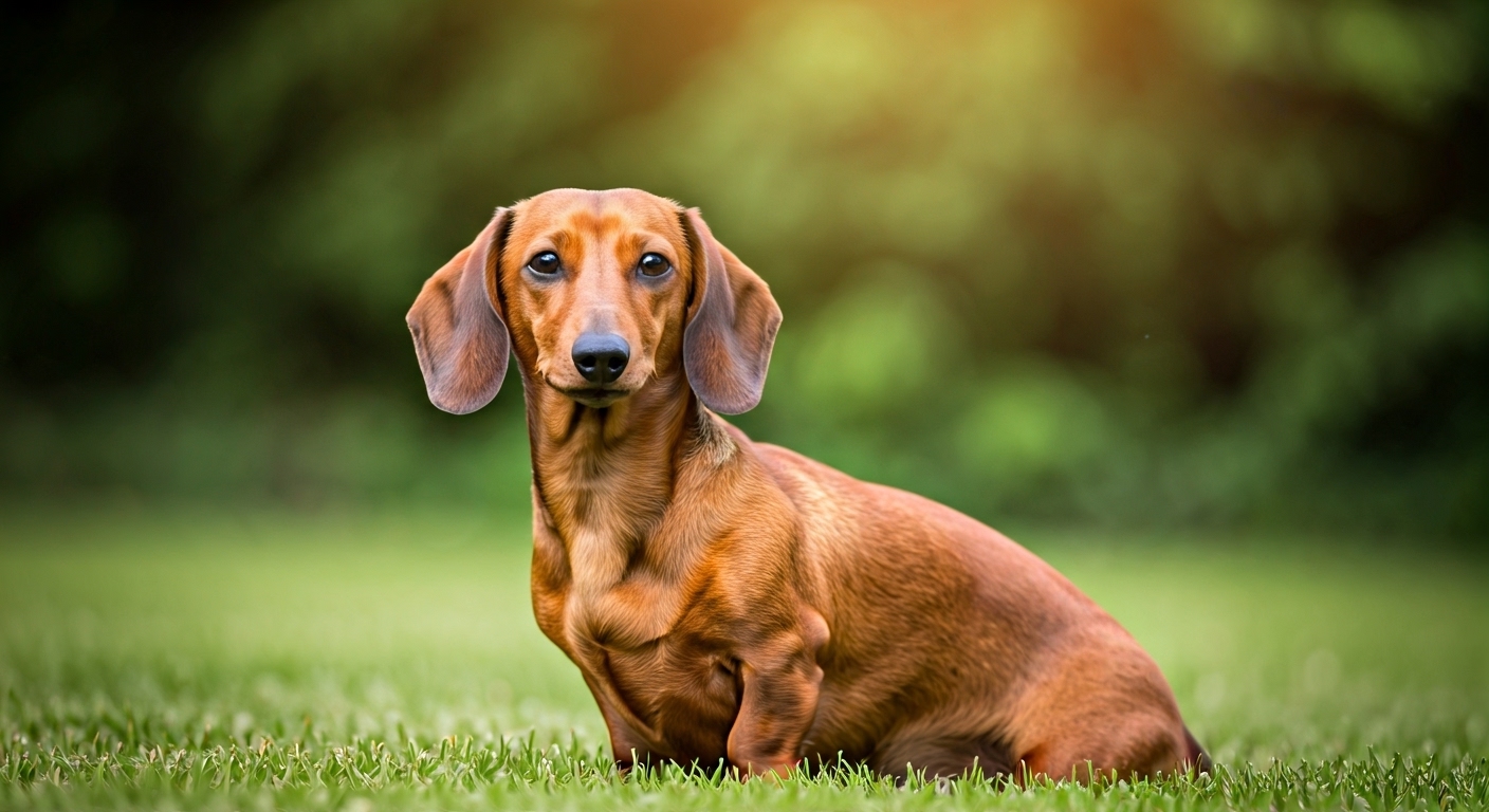 Un chien de race Teckel photographié en extérieur, robe soignée, tête tournée vers l’objectif