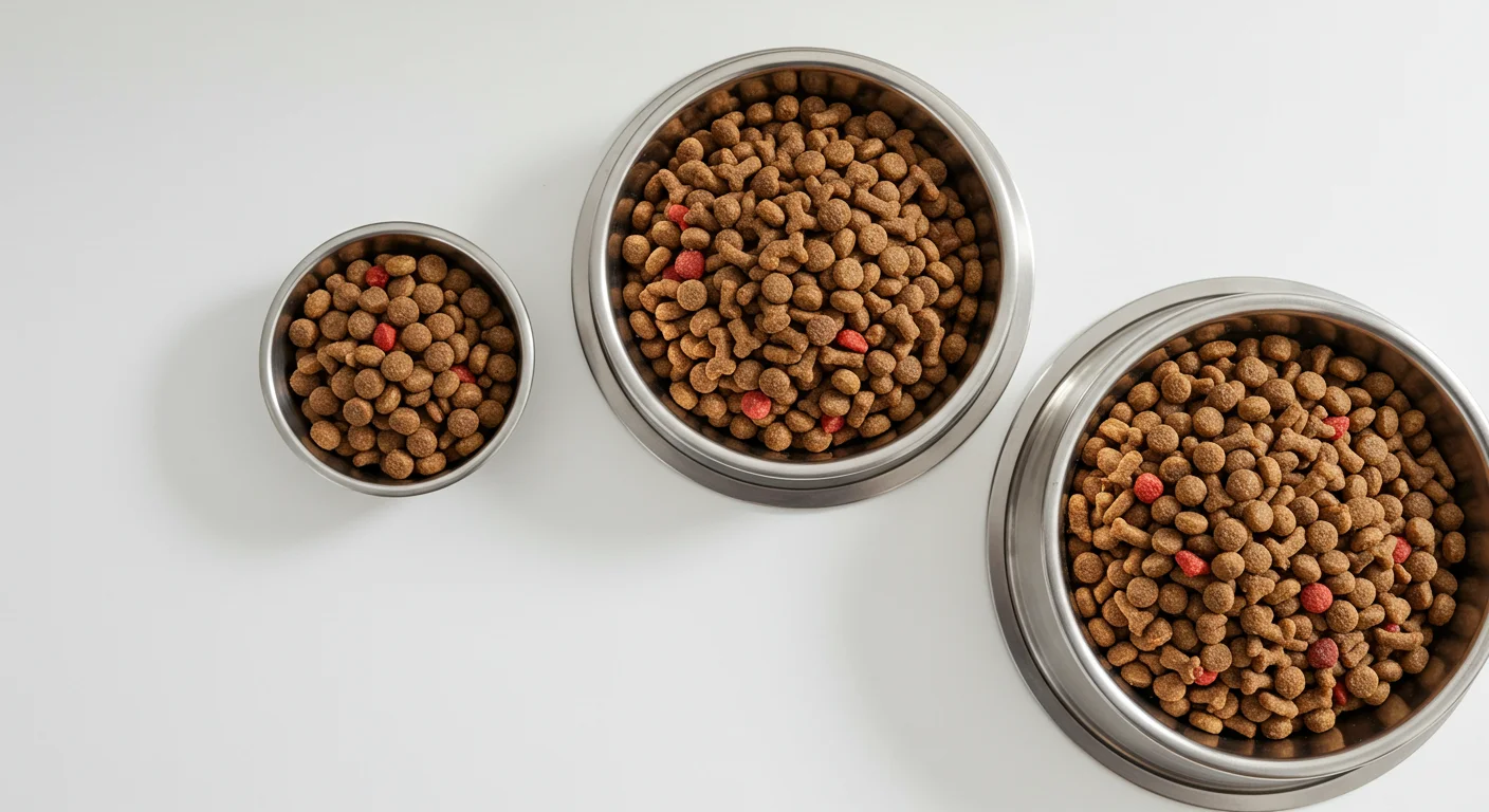 Une gamelle de croquettes posée au sol de la cuisine, un chien qui patiente à côté