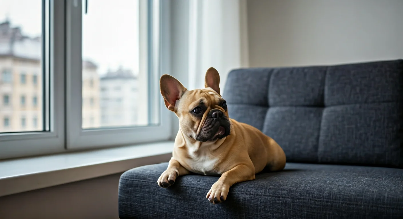 Un chien couché sur un tapis de salon, oreilles dressées vers la fenêtre