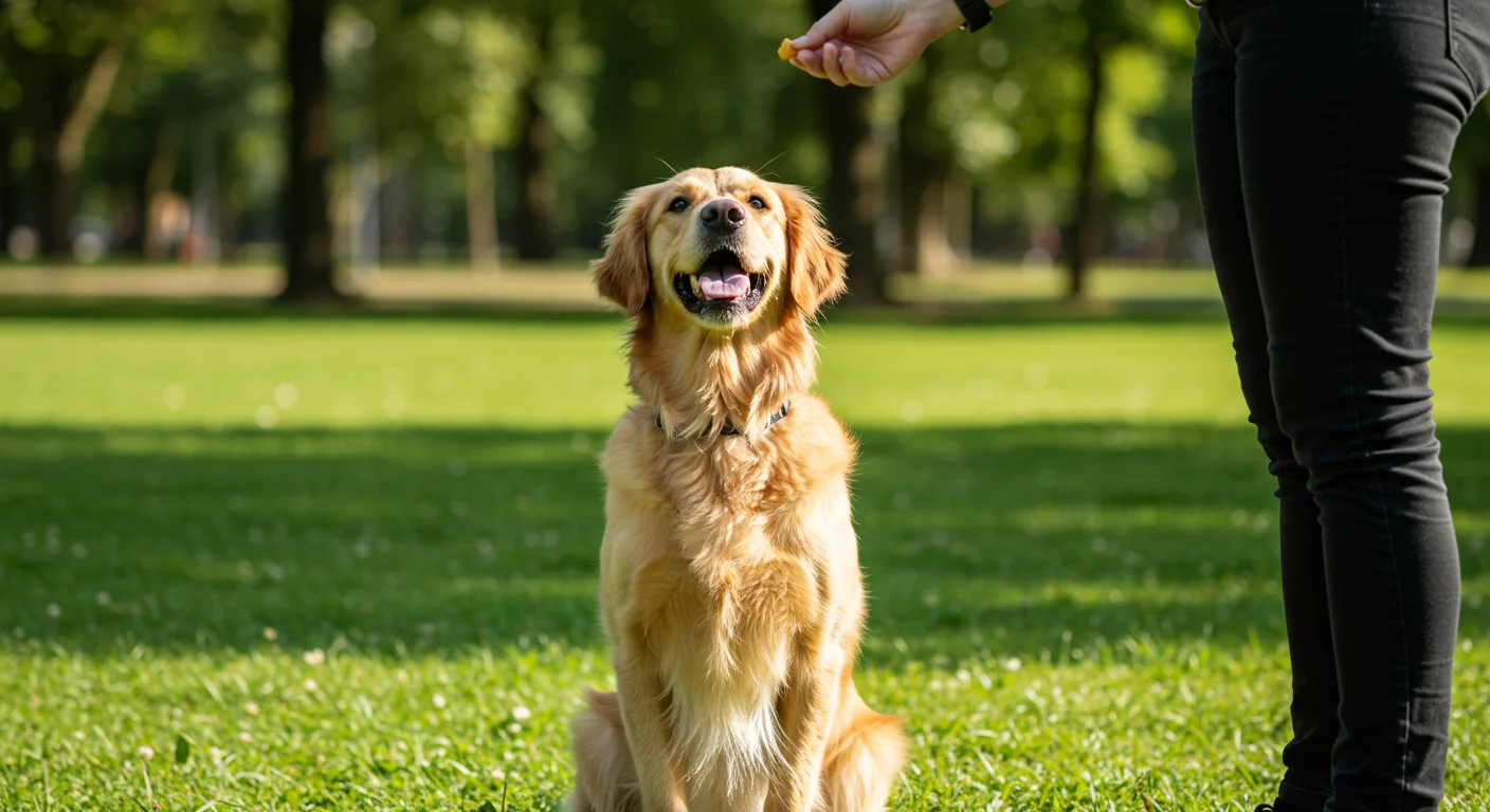 Un chiot assis devant une main qui tient une friandise, séance d'apprentissage en intérieur