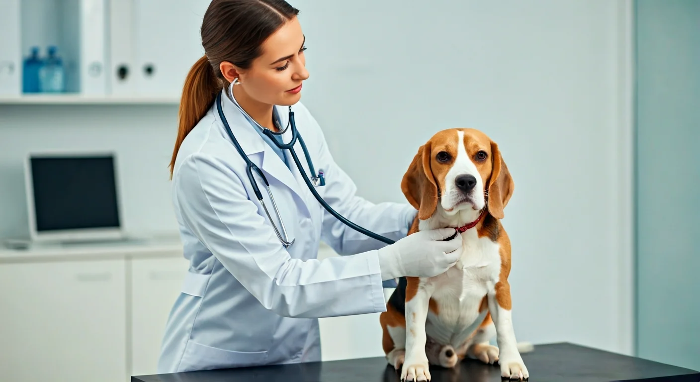 Un chien allongé sur une table de consultation, une trousse de soins posée à côté