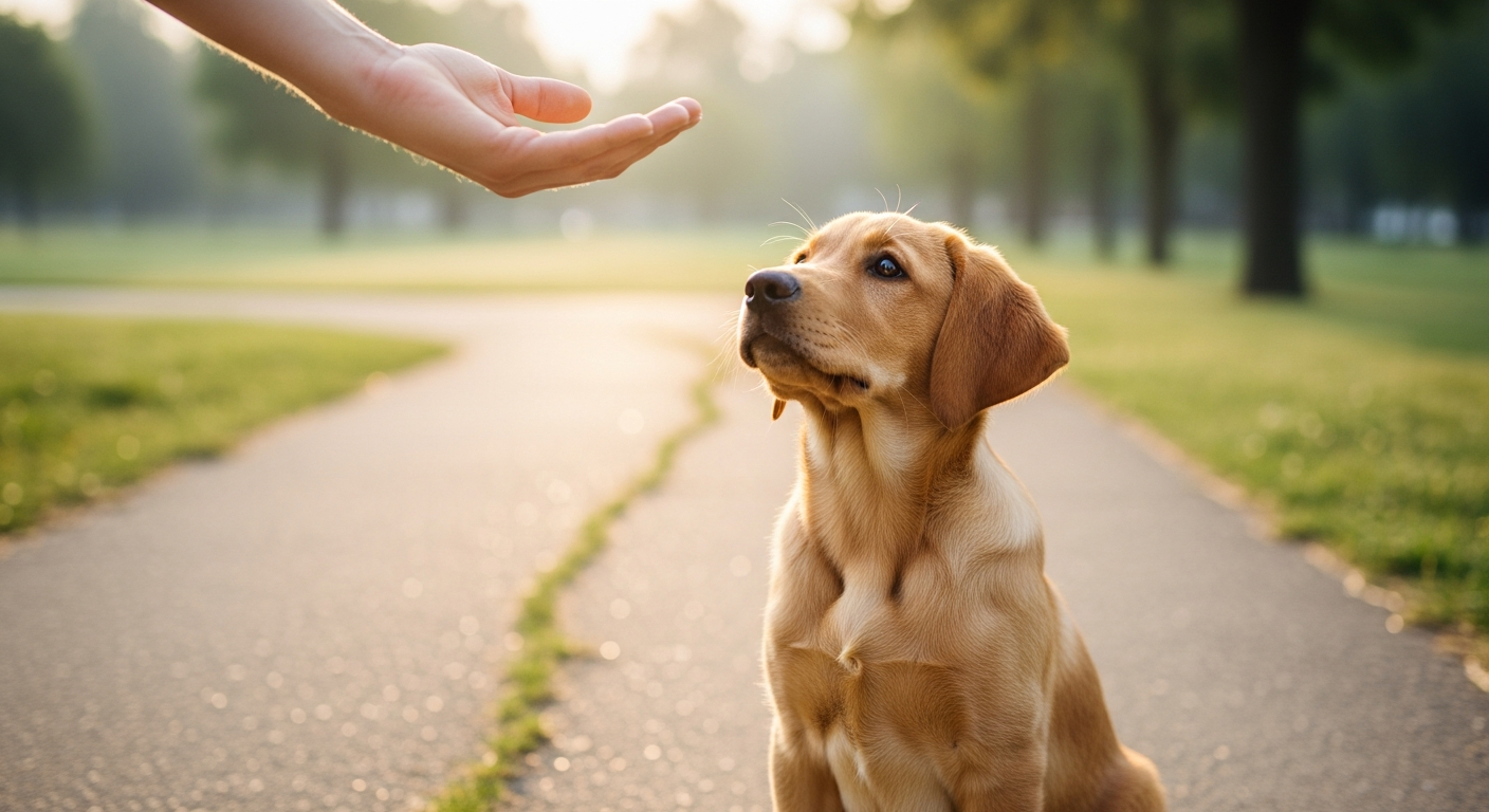 Un chiot assis devant une main qui tient une friandise, séance d'apprentissage en intérieur