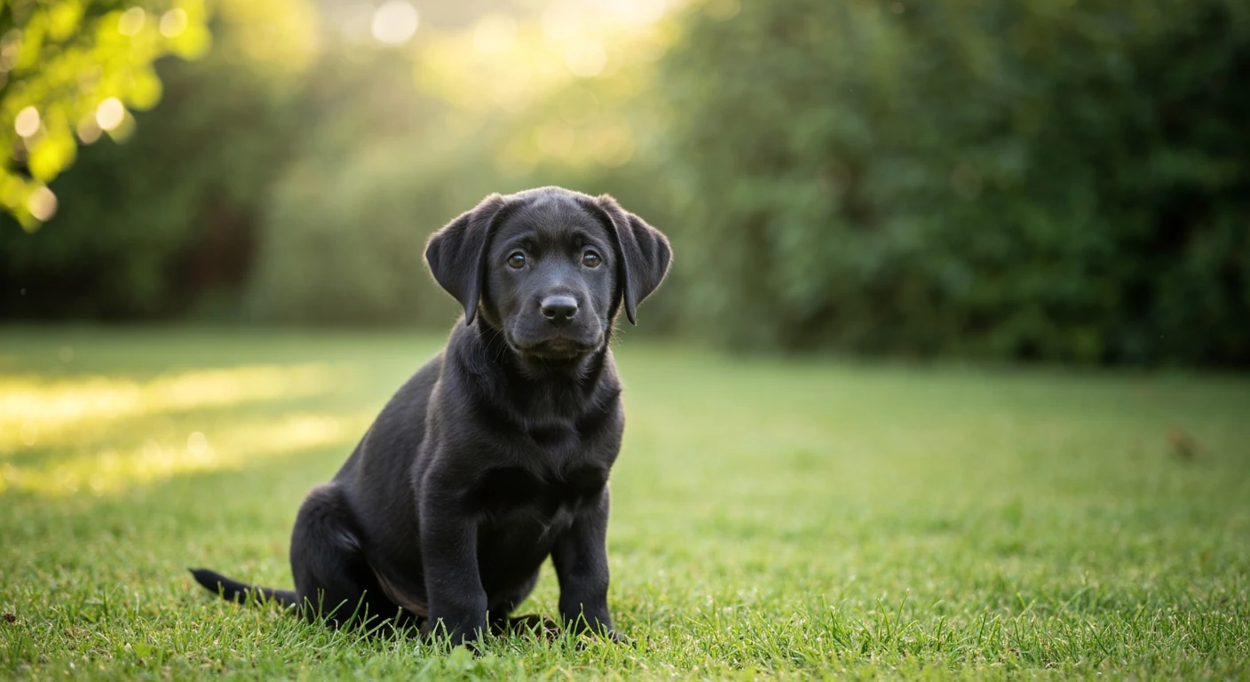 Un chiot assis devant une main qui tient une friandise, séance d'apprentissage en intérieur