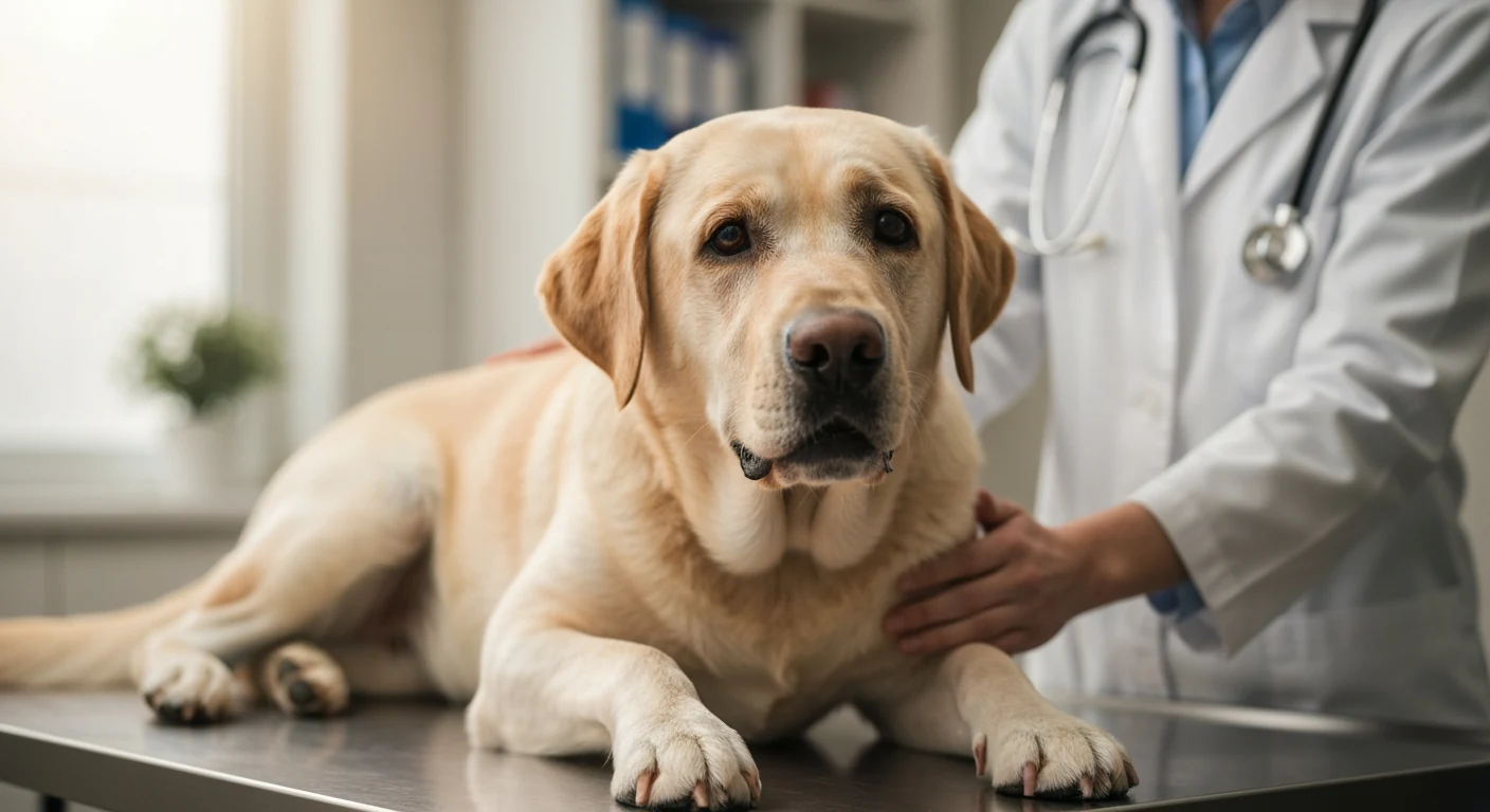 Un chien allongé sur une table de consultation, une trousse de soins posée à côté