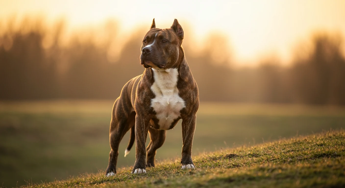 Un chien de race American Staffordshire Terrier photographié en extérieur, robe soignée, tête tournée vers l’objectif