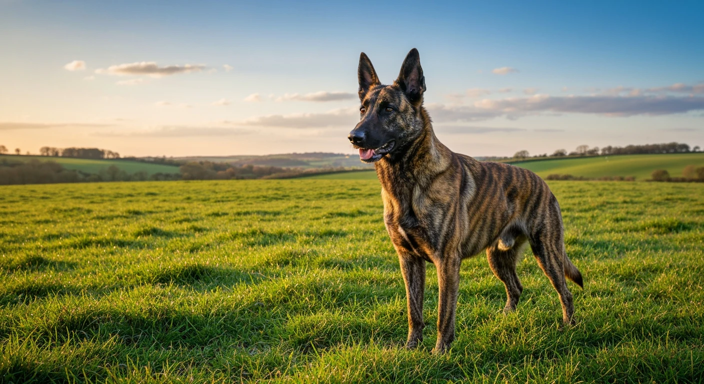 Un chien de race Berger Hollandais photographié en extérieur, robe soignée, tête tournée vers l’objectif