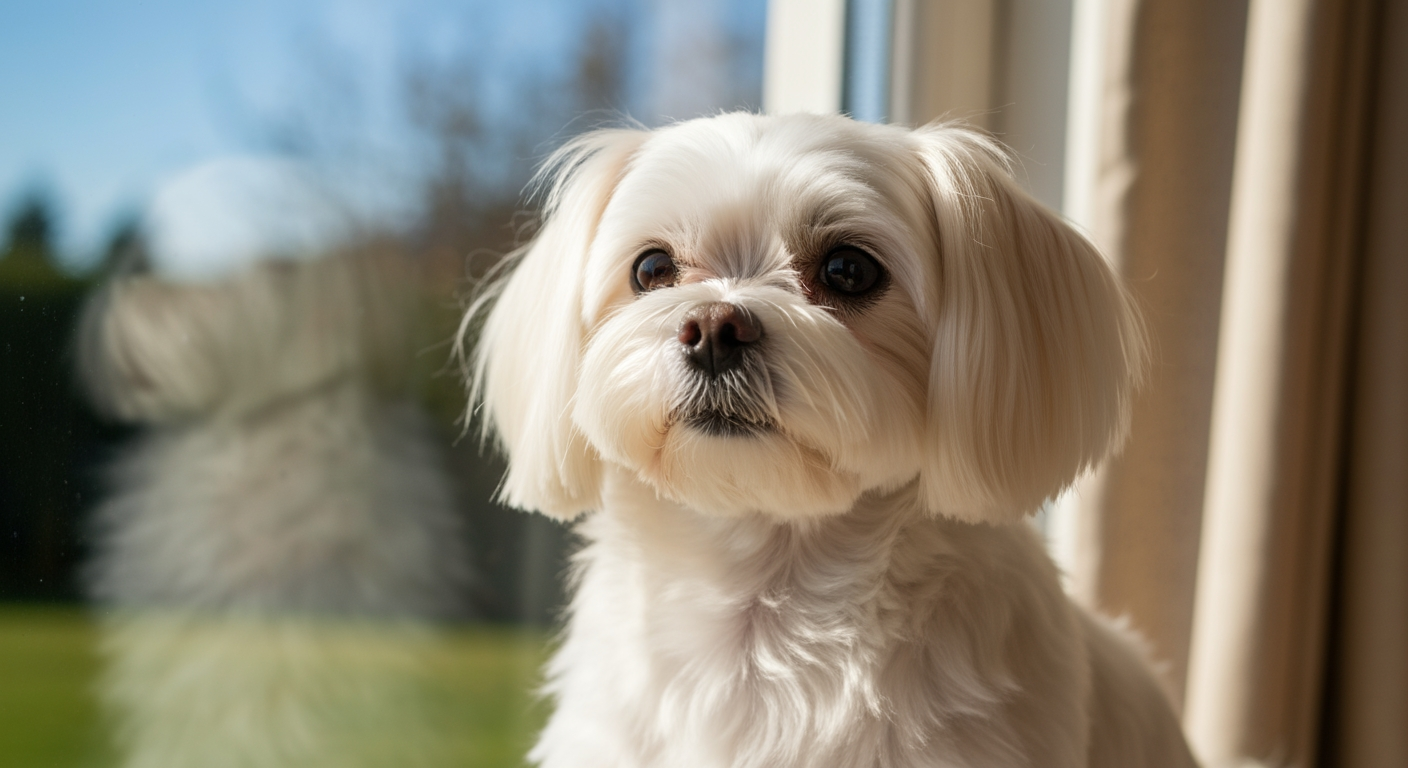 Un chien de race Bichon Maltais photographié en extérieur, robe soignée, tête tournée vers l’objectif