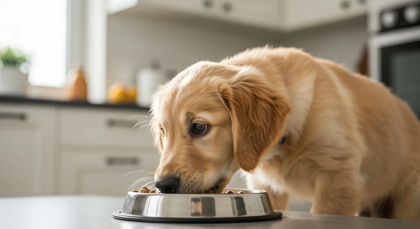 Une gamelle de croquettes posée au sol de la cuisine, un chien qui patiente à côté