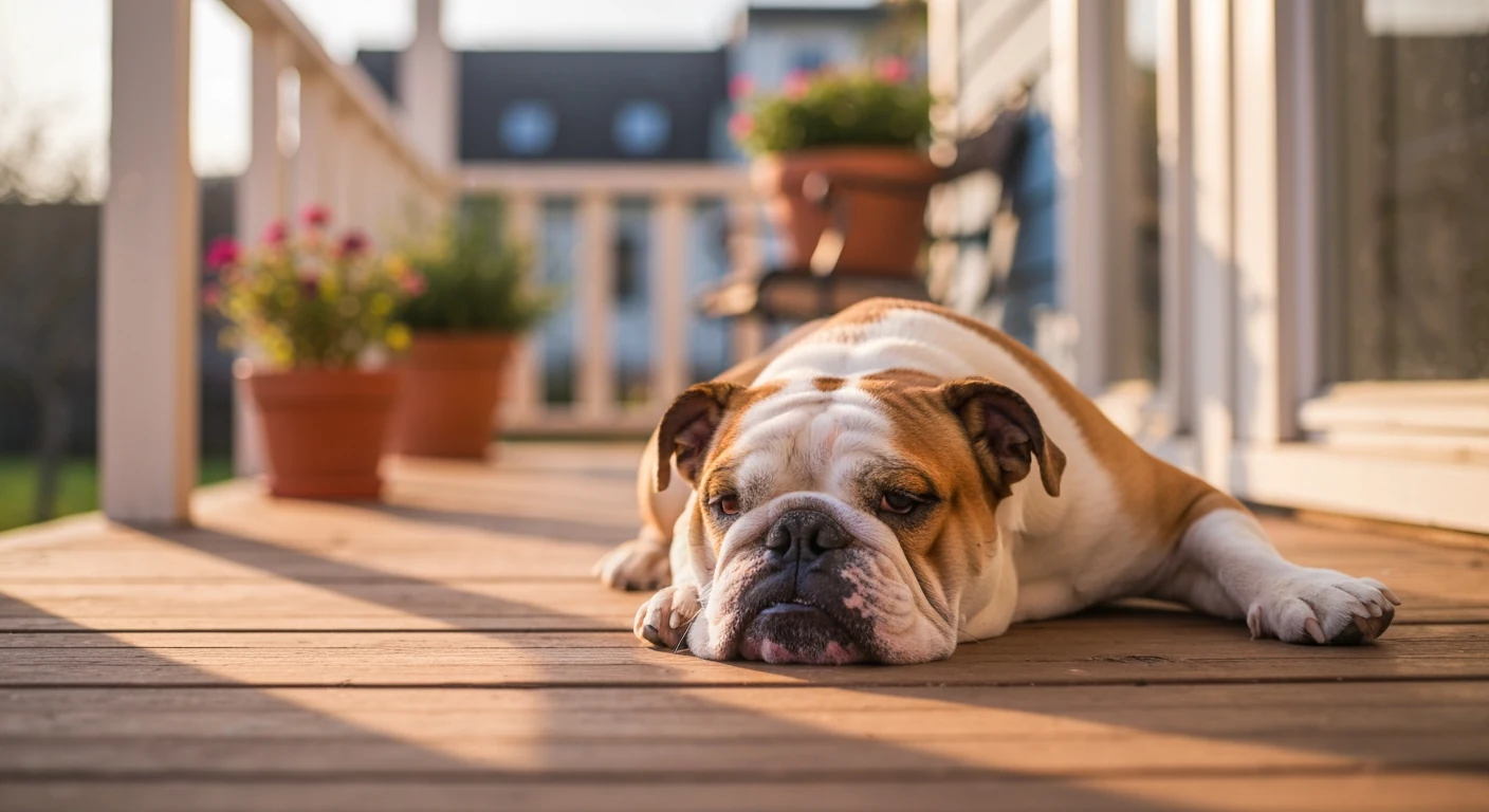 Un chien de race Bouledogue Anglais photographié en extérieur, robe soignée, tête tournée vers l’objectif