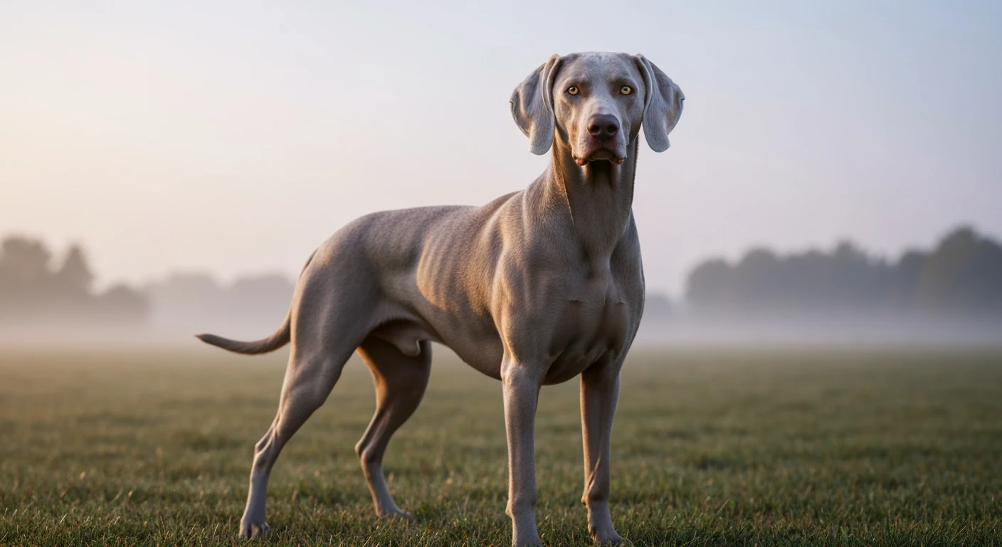 Un chien de race Braque de Weimar photographié en extérieur, robe soignée, tête tournée vers l’objectif