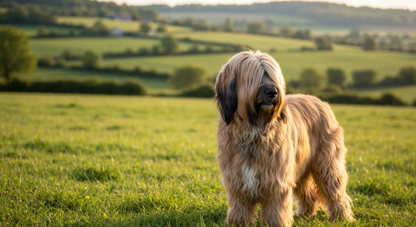 Un chien de race Briard photographié en extérieur, robe soignée, tête tournée vers l’objectif