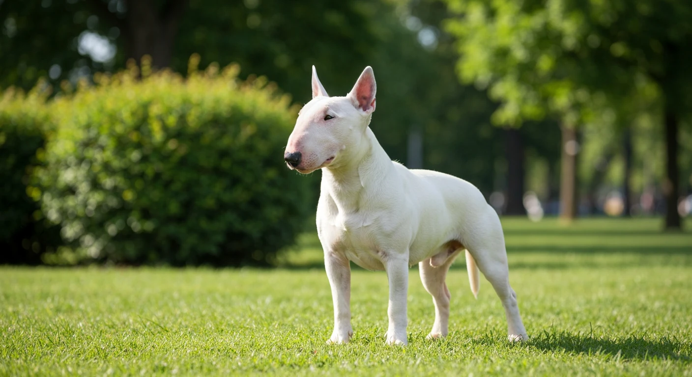 Un chien de race Bull Terrier photographié en extérieur, robe soignée, tête tournée vers l’objectif