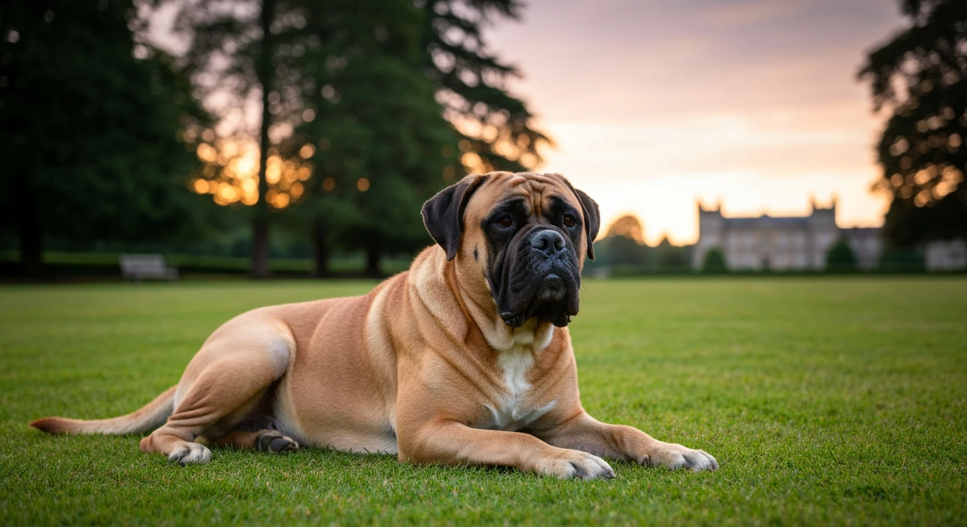 Un chien de race Bullmastiff photographié en extérieur, robe soignée, tête tournée vers l’objectif