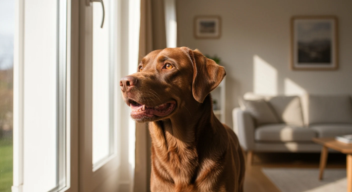 Un chien couché sur un tapis de salon, oreilles dressées vers la fenêtre