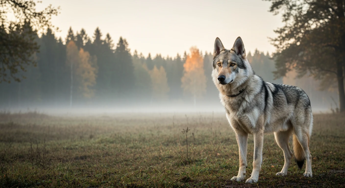 Un chien-loup tchécoslovaque photographié en extérieur, robe grise de loup, regard vif