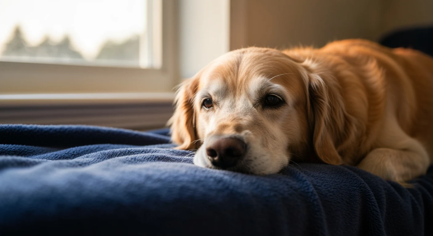 Un chien allongé sur une table de consultation, une trousse de soins posée à côté