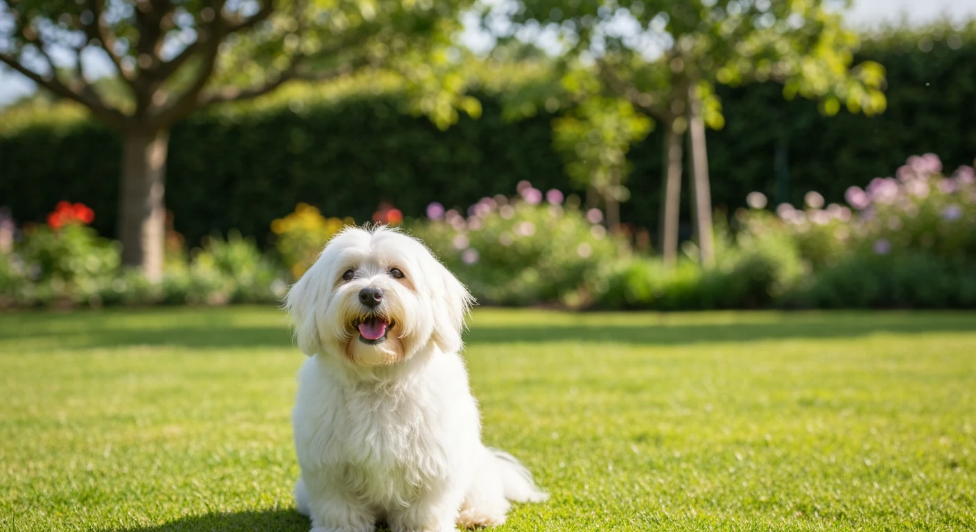 Un chien de race Coton de Tuléar photographié en extérieur, robe soignée, tête tournée vers l’objectif
