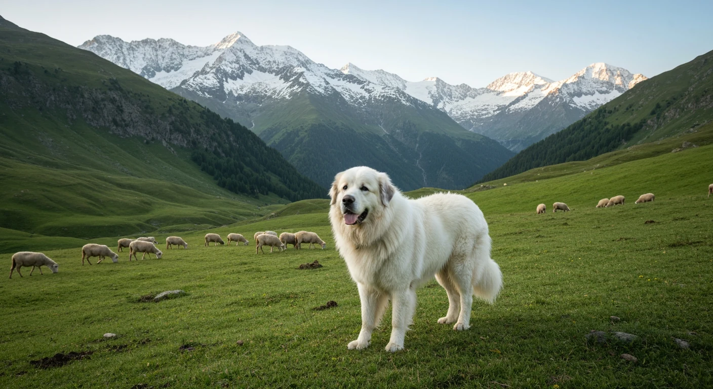 Un chien de race Montagne des Pyrénées (Patou) photographié en extérieur, robe soignée, tête tournée vers l’objectif