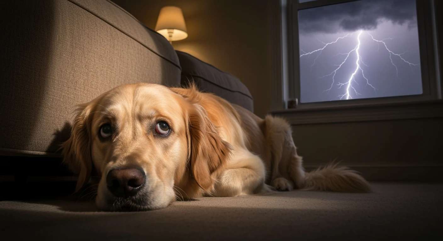 Un chien couché sur un tapis de salon, oreilles dressées vers la fenêtre