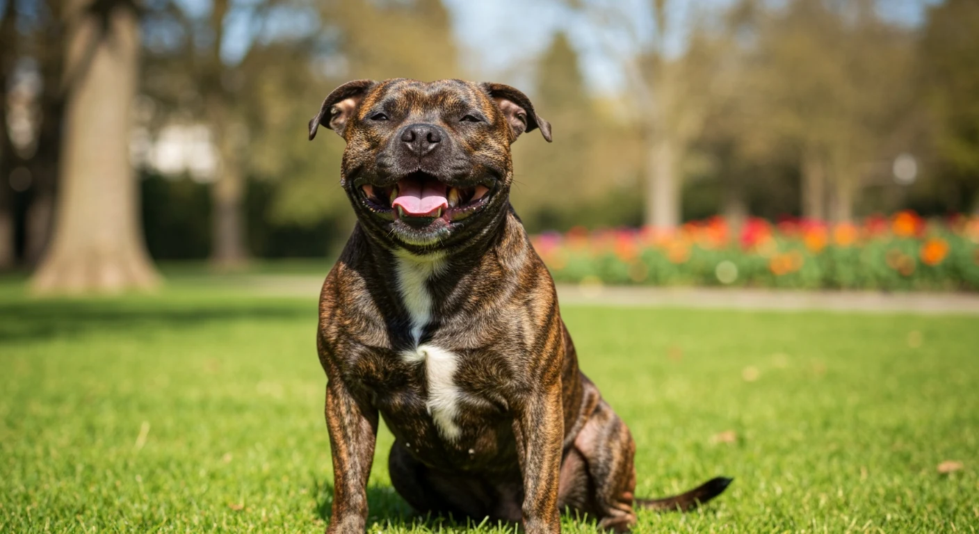 Un chien de race Staffordshire Bull Terrier photographié en extérieur, robe soignée, tête tournée vers l’objectif