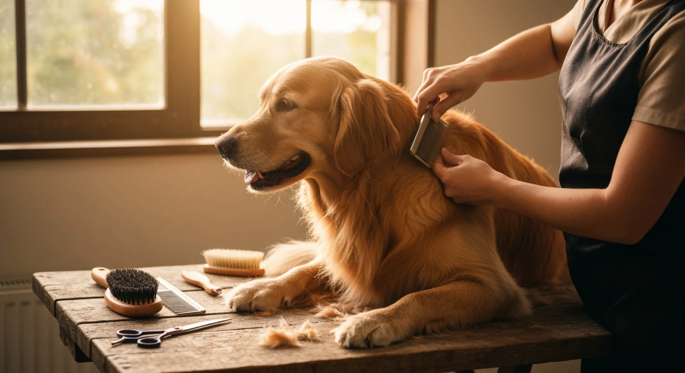 Un chien photographié en extérieur, robe soignée, tête tournée vers l’objectif