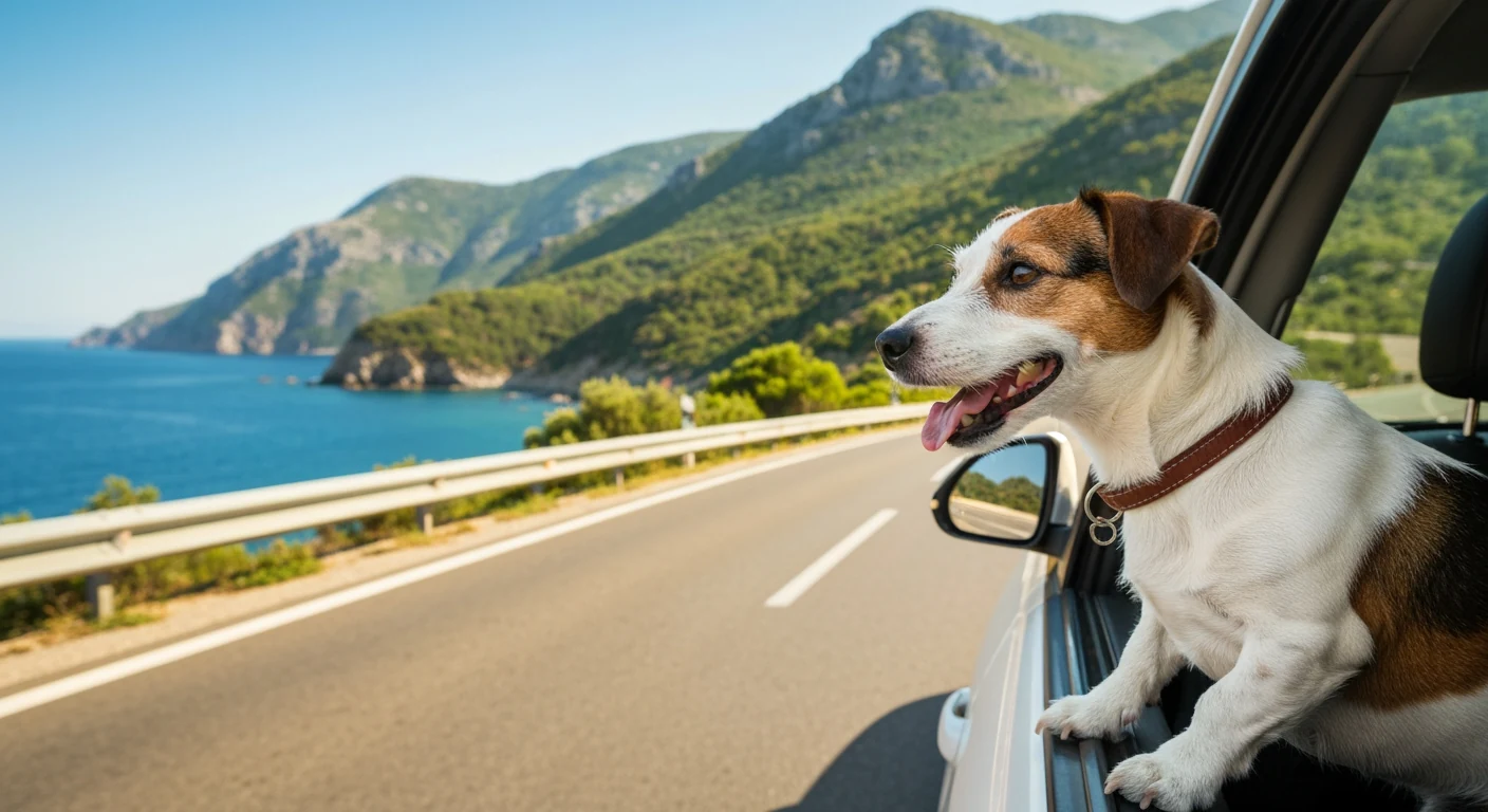 Un chien installé sur la banquette d'une voiture, harnais attaché, fenêtre entrouverte