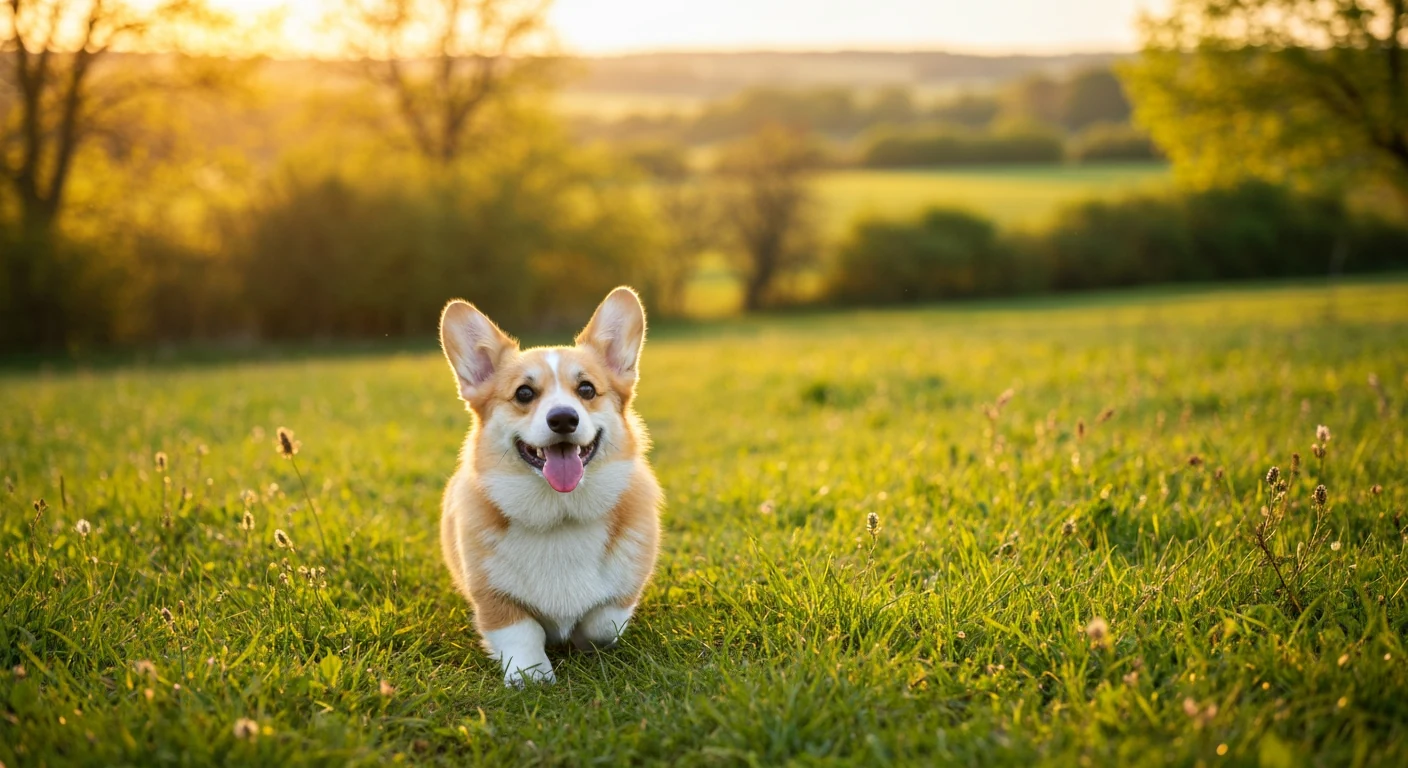 Un chien de race Welsh Corgi Pembroke photographié en extérieur, robe soignée, tête tournée vers l’objectif