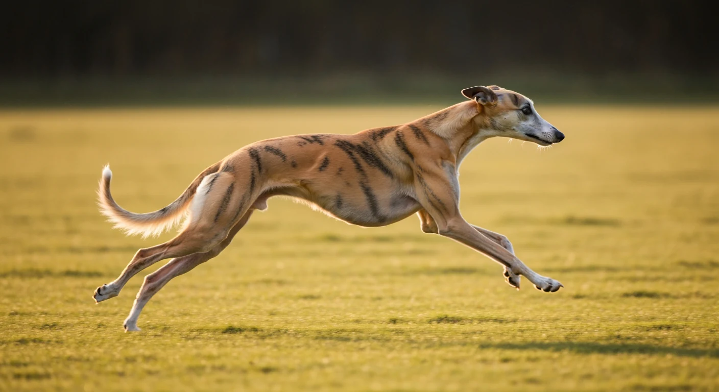 Un chien de race Whippet photographié en extérieur, robe soignée, tête tournée vers l’objectif