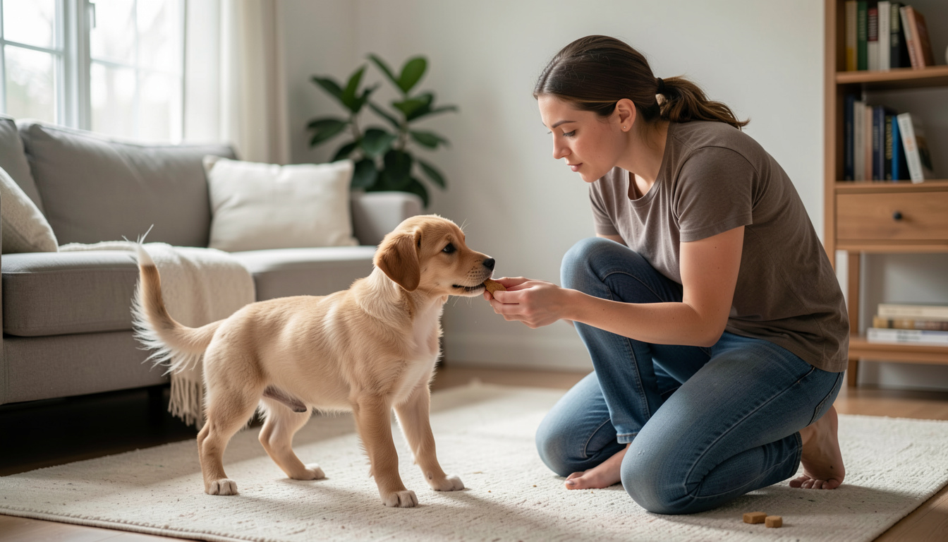 Un chiot assis devant une main qui tient une friandise, séance d'apprentissage en intérieur